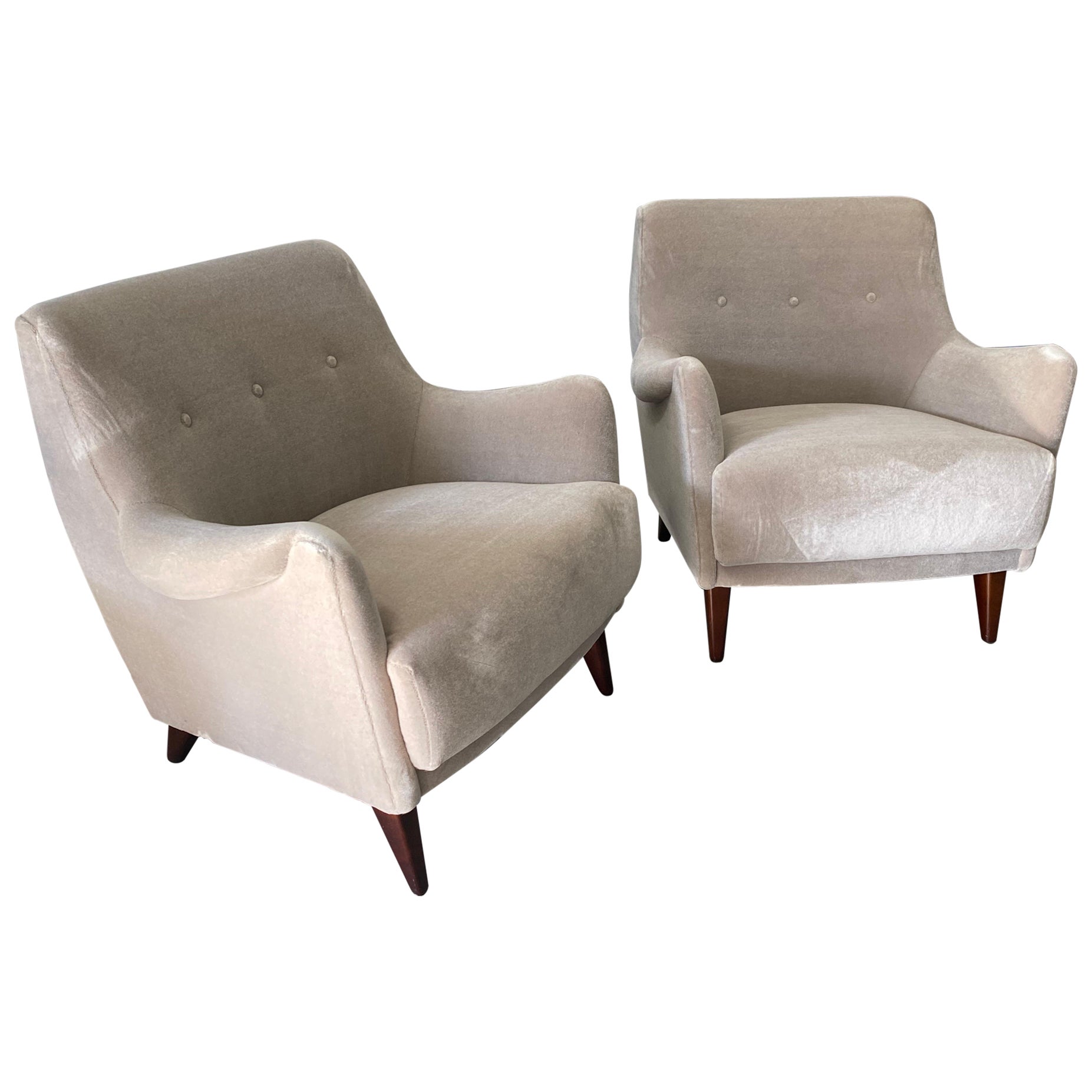 Pair of Italian Mid-Century Upholstered Mohair Armchairs For Sale