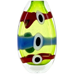 Olivier Mallemouche Colorful Green Glass Vase with Red and Blue Murrine
