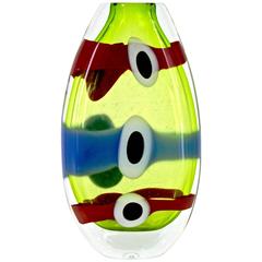 Olivier Mallemouche Colorful Green Glass Vase with Red and Blue Murrine 12