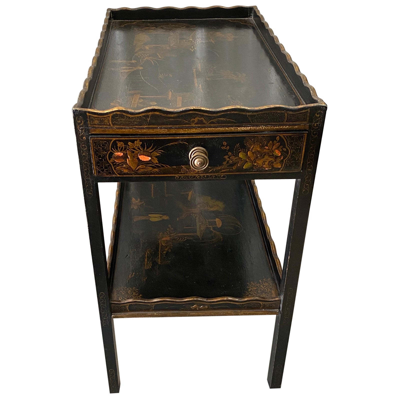 George III Style Black Lacquer Japanned Tea Table with Drawer For Sale
