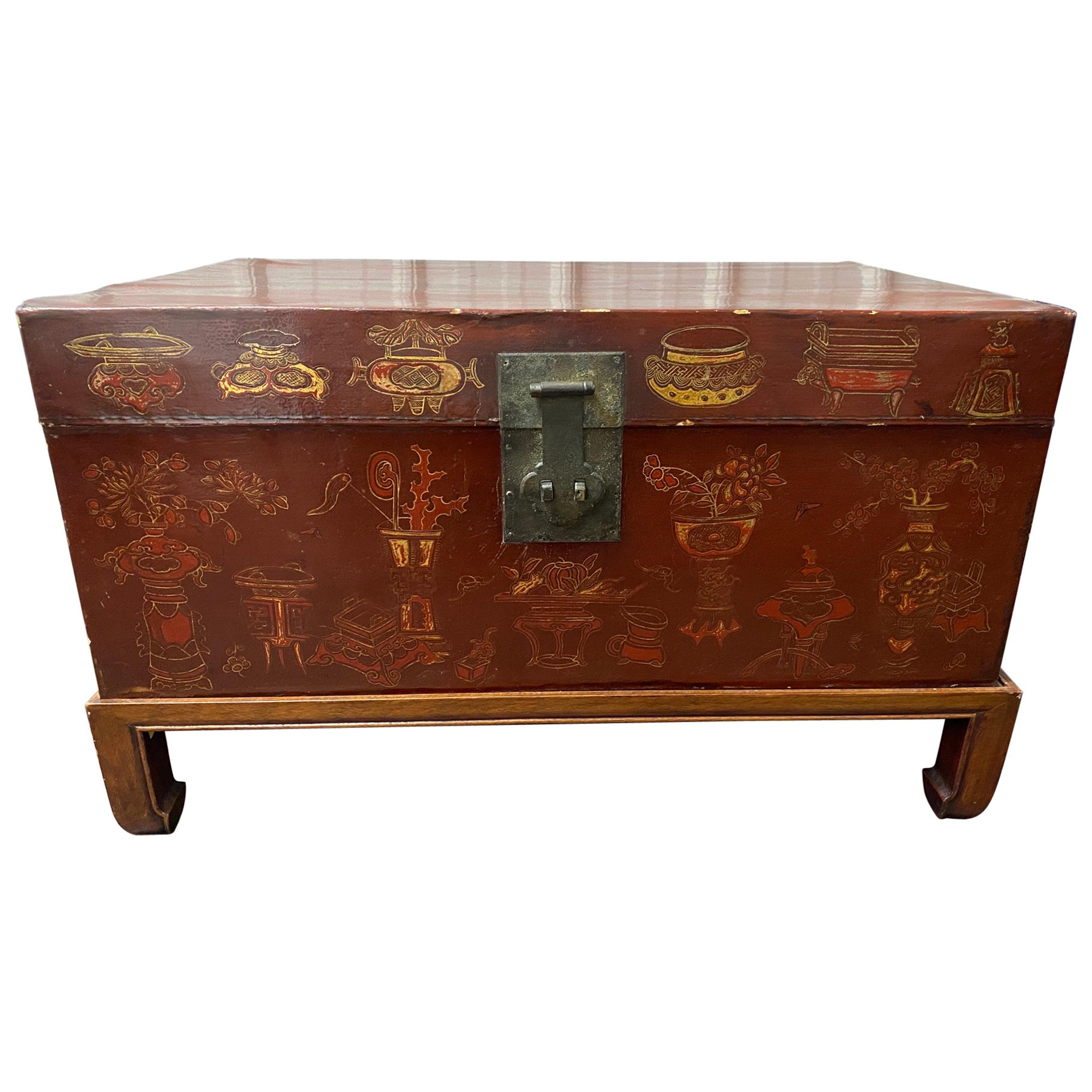 Late 19th C. Chinese Export Painted Leather Chest on Later Stand For Sale