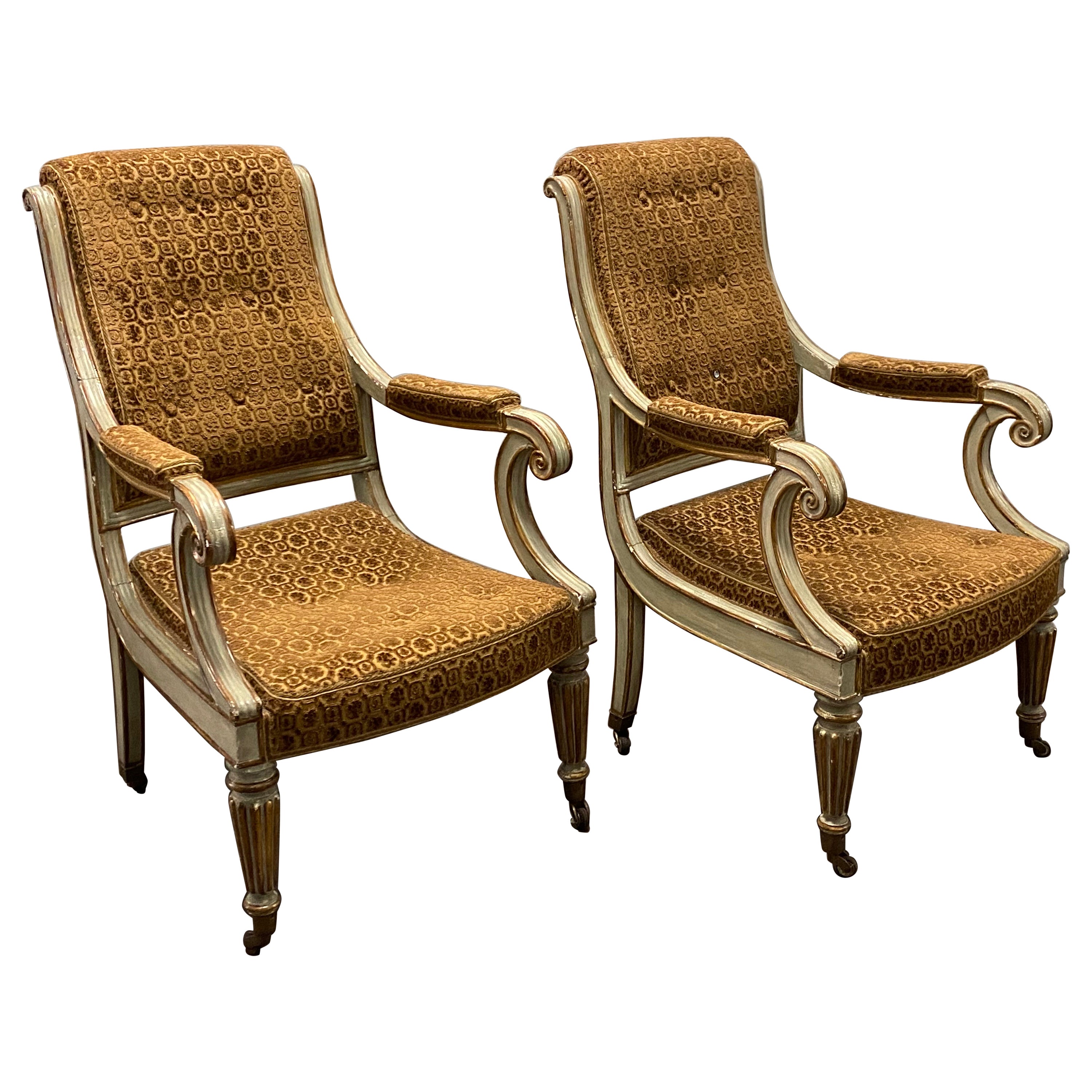 Pair of Charles X Velvet Painted & Parcel-Gilt Armchairs, Sourced, David Easton  For Sale