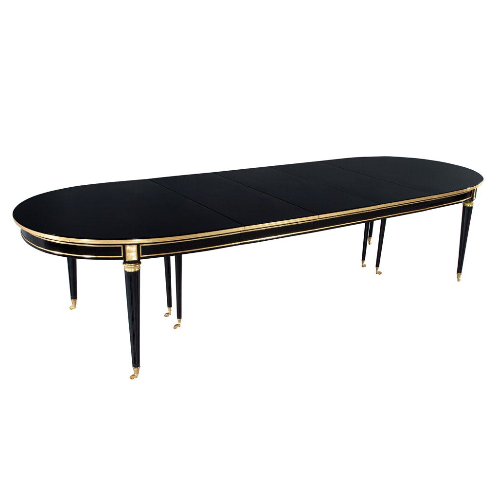 French 1940’s Maison Jansen Dining Table in Polished Black with Brass Detailing For Sale