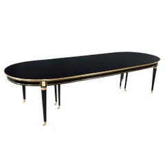 French 1940’s Maison Jansen Dining Table in Polished Black with Brass Detailing