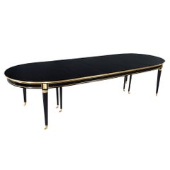 Vintage French 1940’s Maison Jansen Dining Table in Polished Black with Brass Detailing