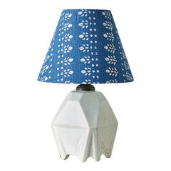 Antique Ceramic Table Lamp in White with Customized Blue Shade, France, 1920s