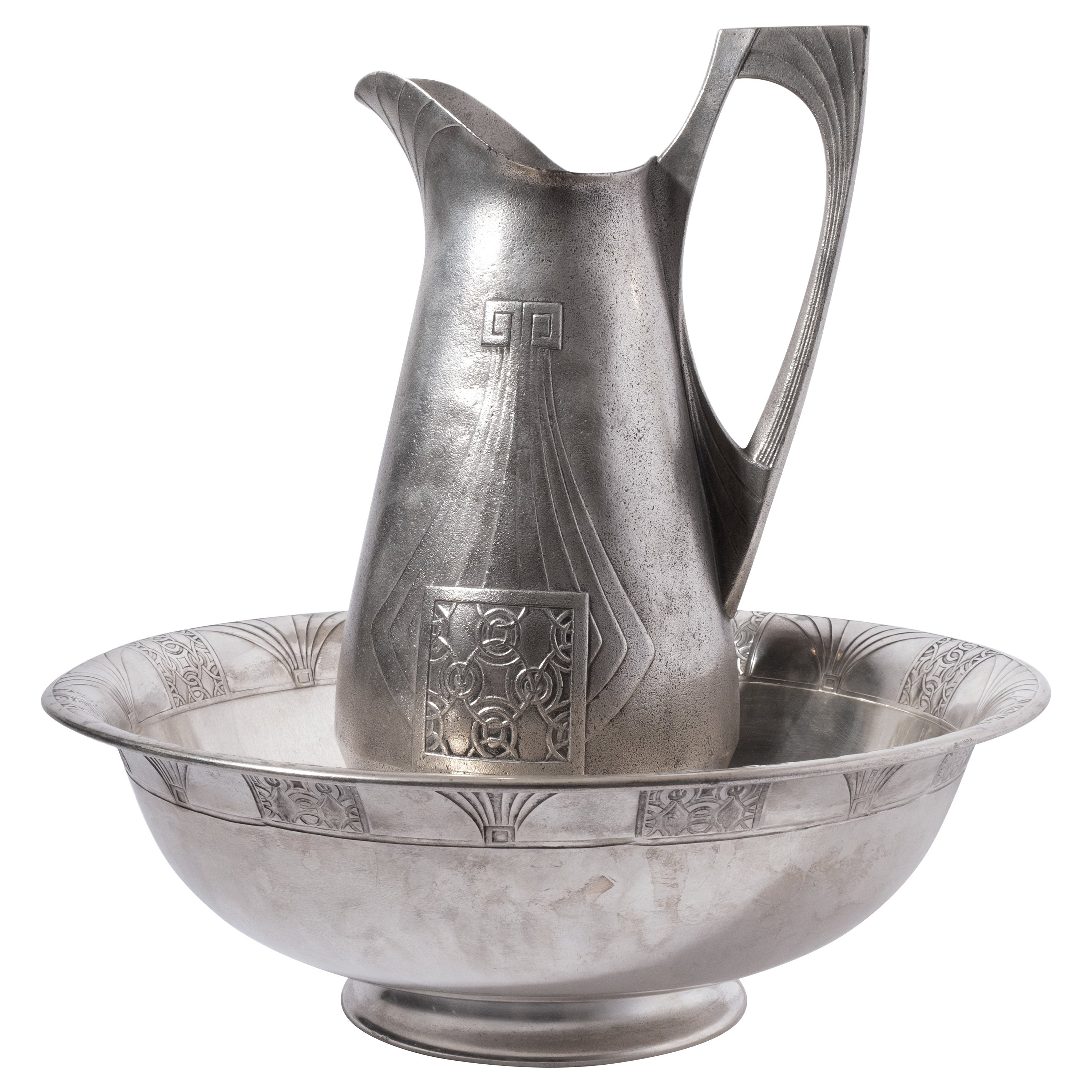 WMF (attrib) Art Nouveau Silvered Pewter Large Jug and Basin Set For Sale