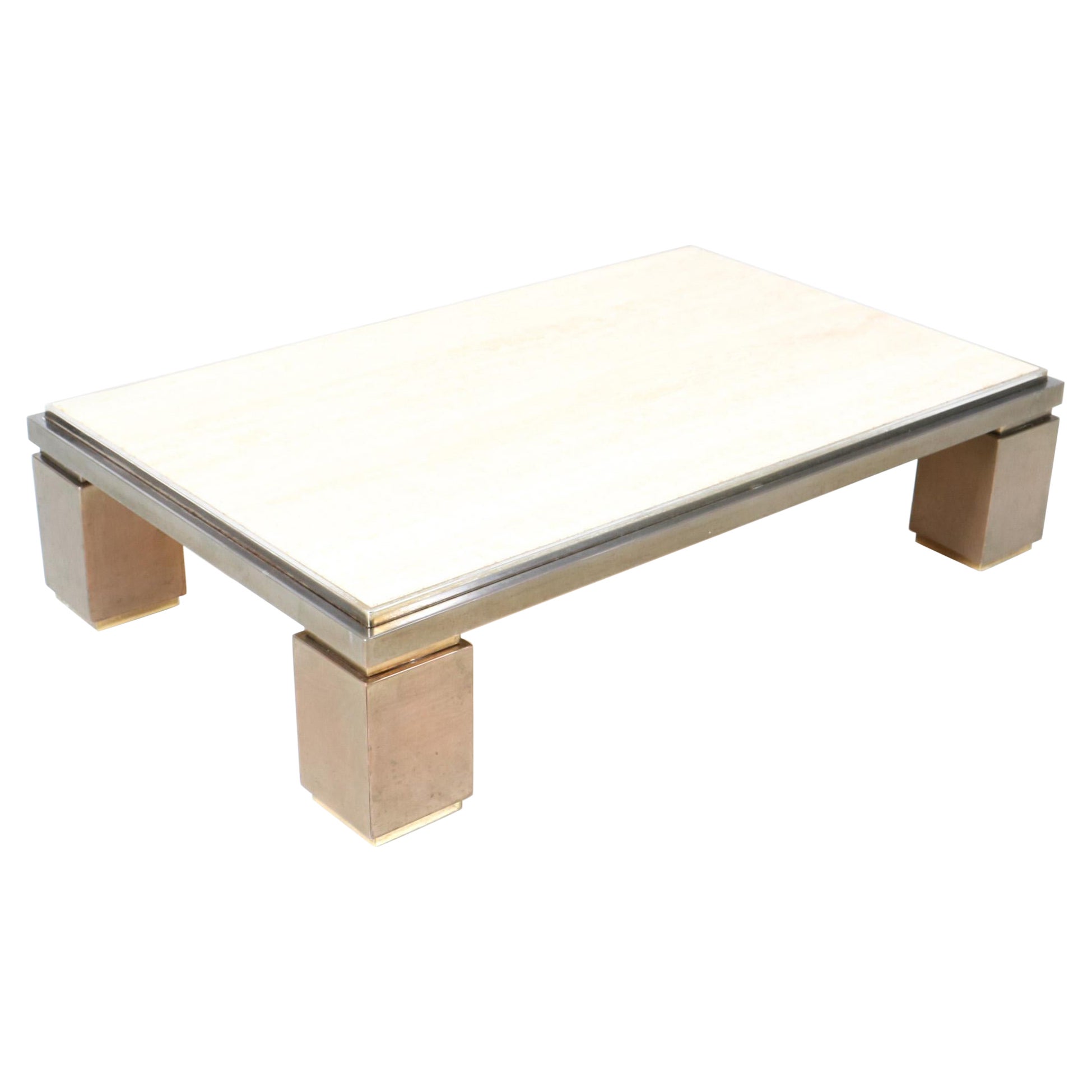 Hollywood Regency Large Coffee Table by Belgo Chrome with Travertine Top, 1970s For Sale