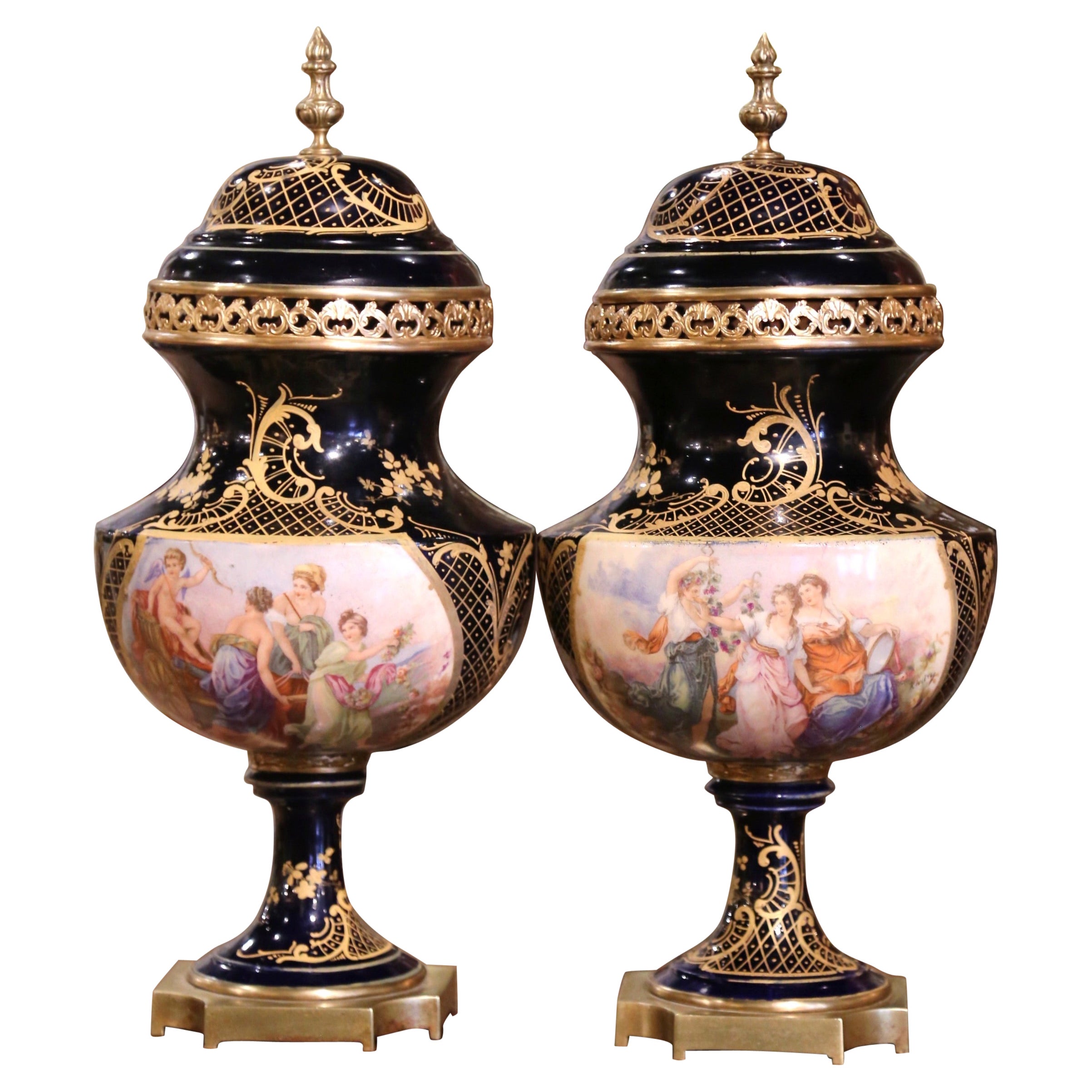 Pair of 19th Century French Sevres Royal Blue Porcelain & Bronze Covered Urns