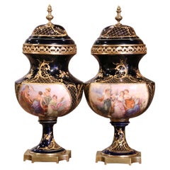 Pair of 19th Century French Sevres Royal Blue Porcelain & Bronze Covered Urns