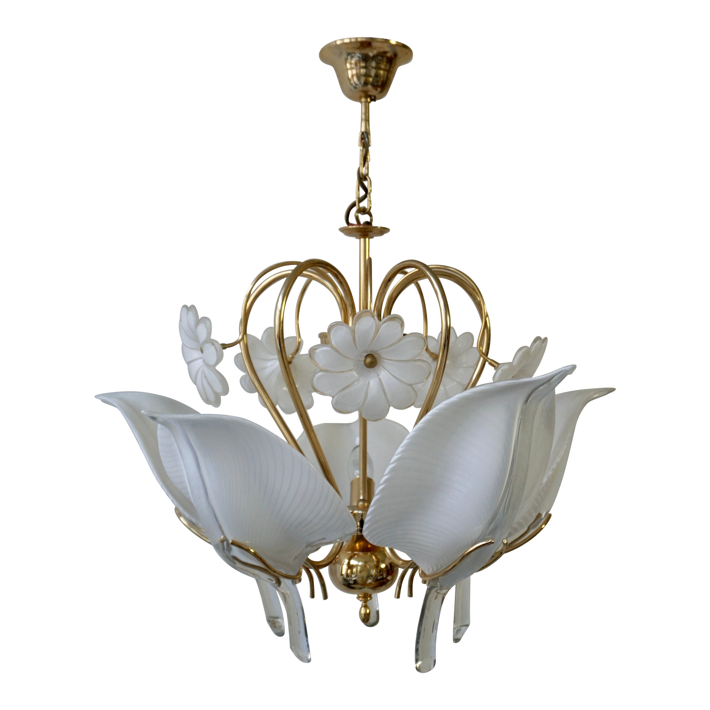 Franco Luce Chandelier in Brass and Glass Leaves and Flowers For Sale