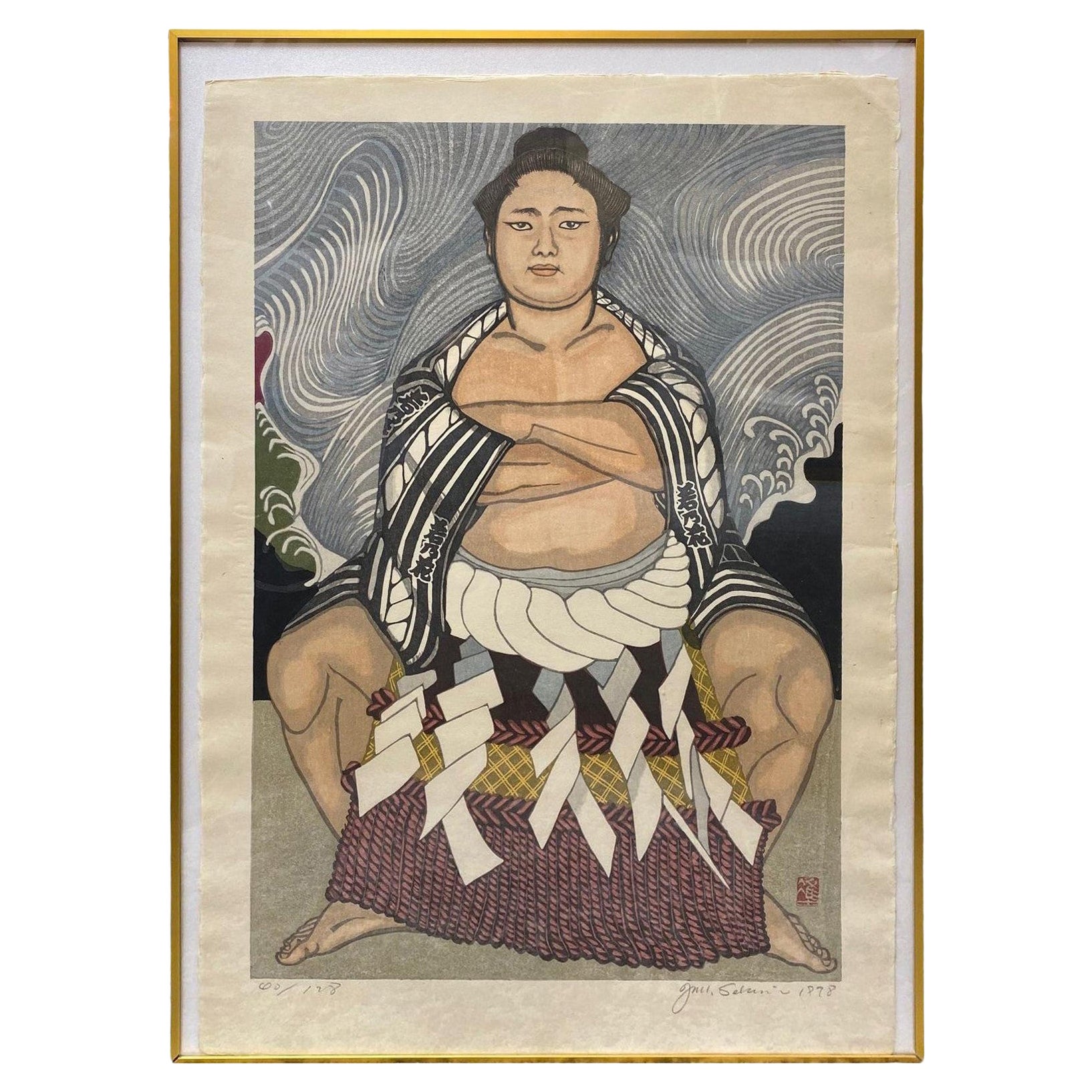 Junichiro Sekino Signed Japanese Woodblock Print Wakanohana Waiting for Dohyo-ir