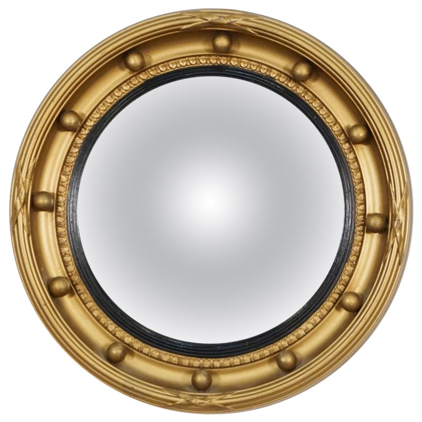 Small English Round Gilt Framed Convex Mirror in the Regency Style (Dia 11 7/8) For Sale