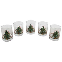 Vintage Georges Briard Christmas Tree Holiday Theme Low Ball Bar Glasses Set - 5