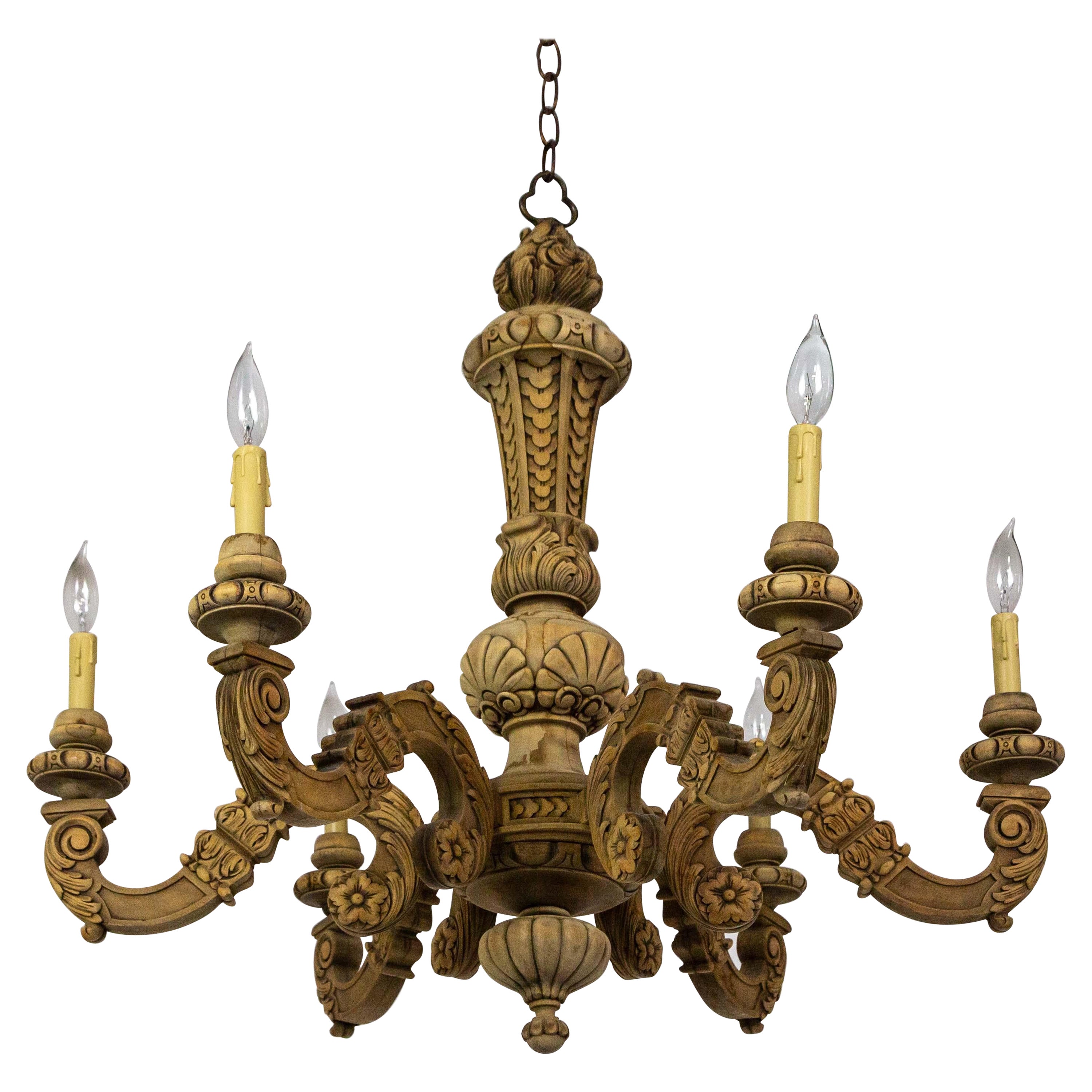 Early 20th Cent. Carved Wood 6-Light Chandelier For Sale