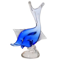 Dino Martens Murano Sommerso sculpture de poisson en verre d'art italien bleu saphir