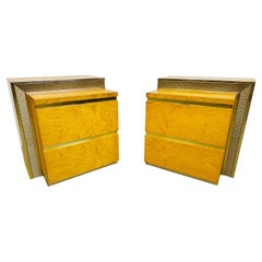 Post-Modern Burled Wood & Brass Nightstands - Set of 2