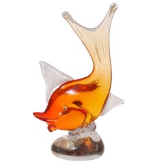 Dino Martens Murano Sommerso - Sculpture de poisson en verre d'art italien orange et blanc