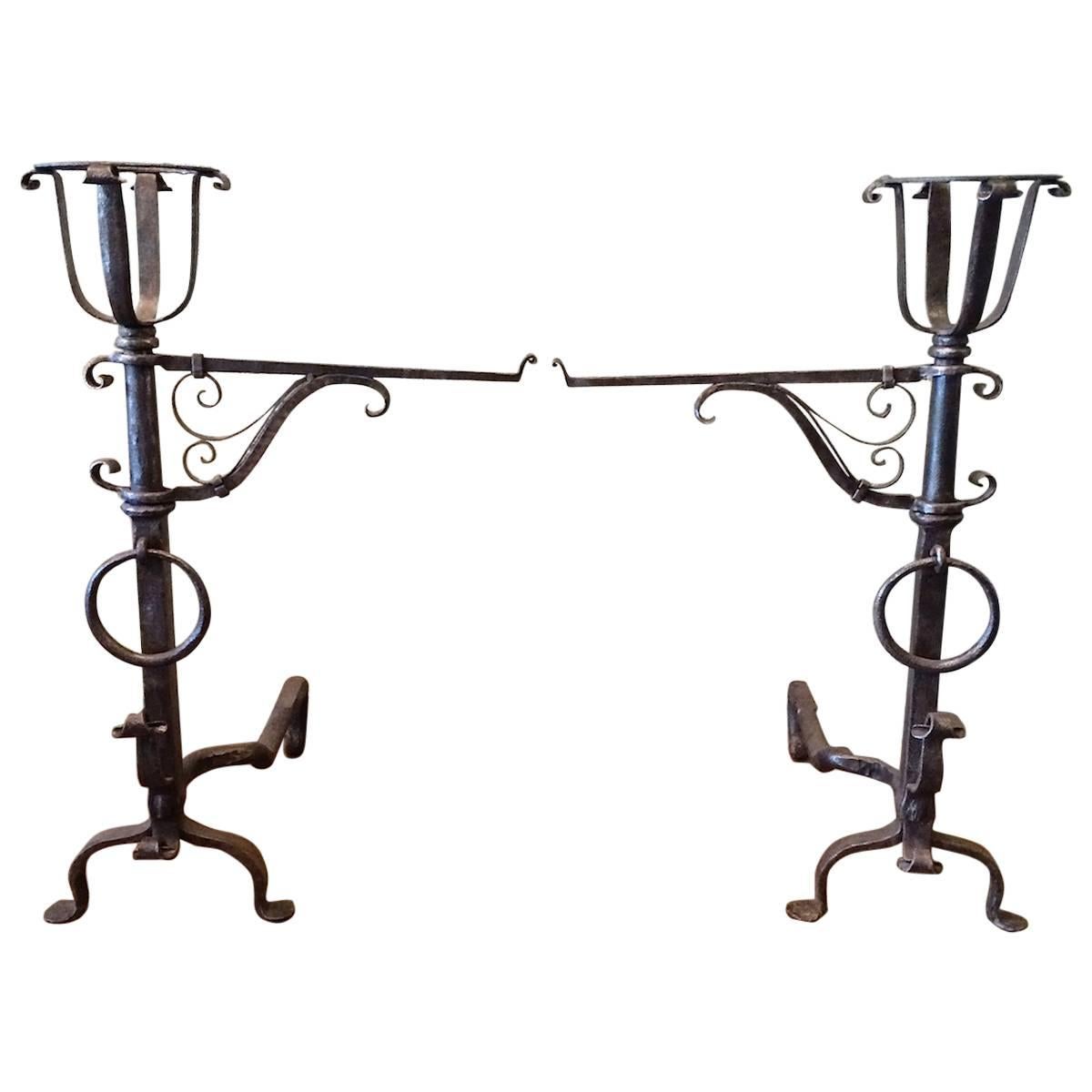 Pair of Gothic Wrought Iron Andirons in the Style of Samuel Yellin