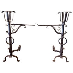 Pair of Gothic Wrought Iron Andirons in the Style of Samuel Yellin