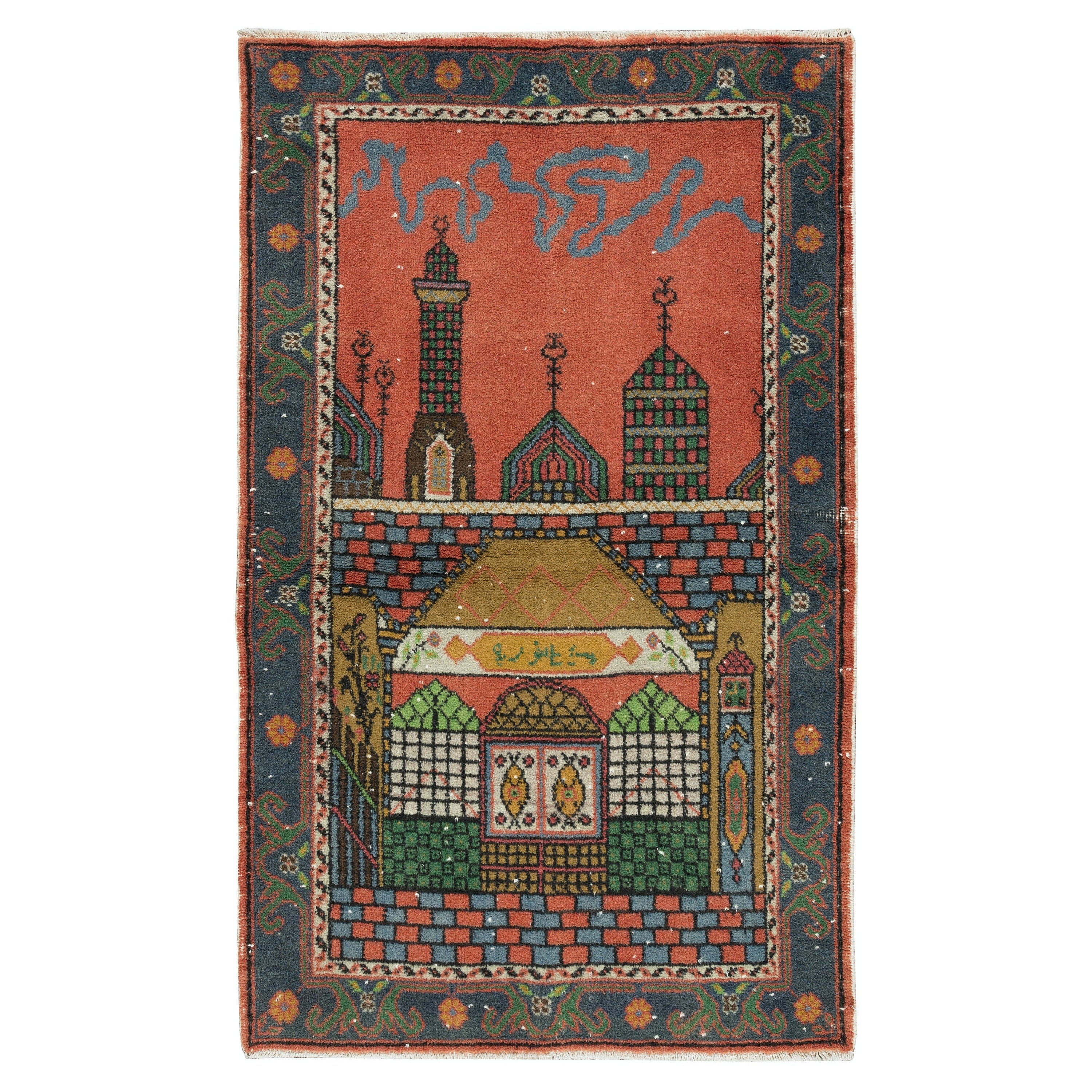 Handgefertigter, 3,2x5.4 Ft, Vintage-Gebetteppich aus türkischer Wolle mit Moschee-Motiv im Angebot
