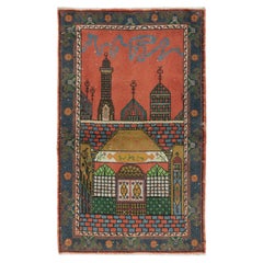 Handgefertigter, 3,2x5.4 Ft, Vintage-Gebetteppich aus türkischer Wolle mit Moschee-Motiv