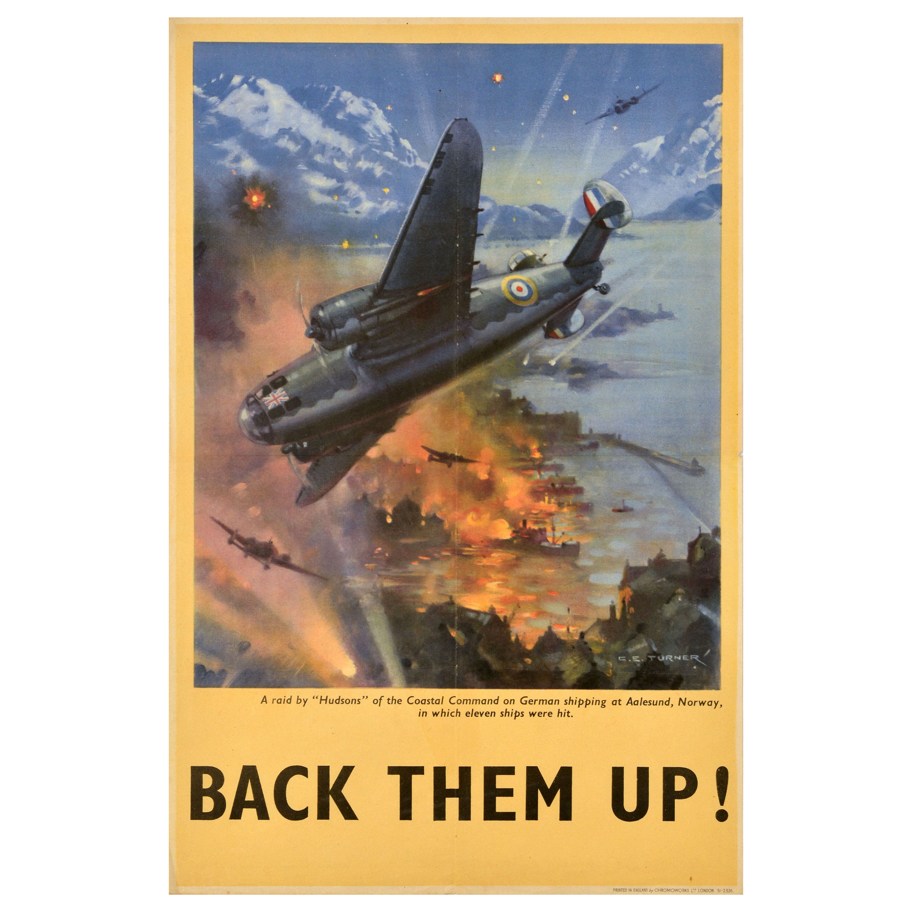 Original Vintage War Propaganda Poster Back Them WWII Up Hudsons Coastal Command en vente