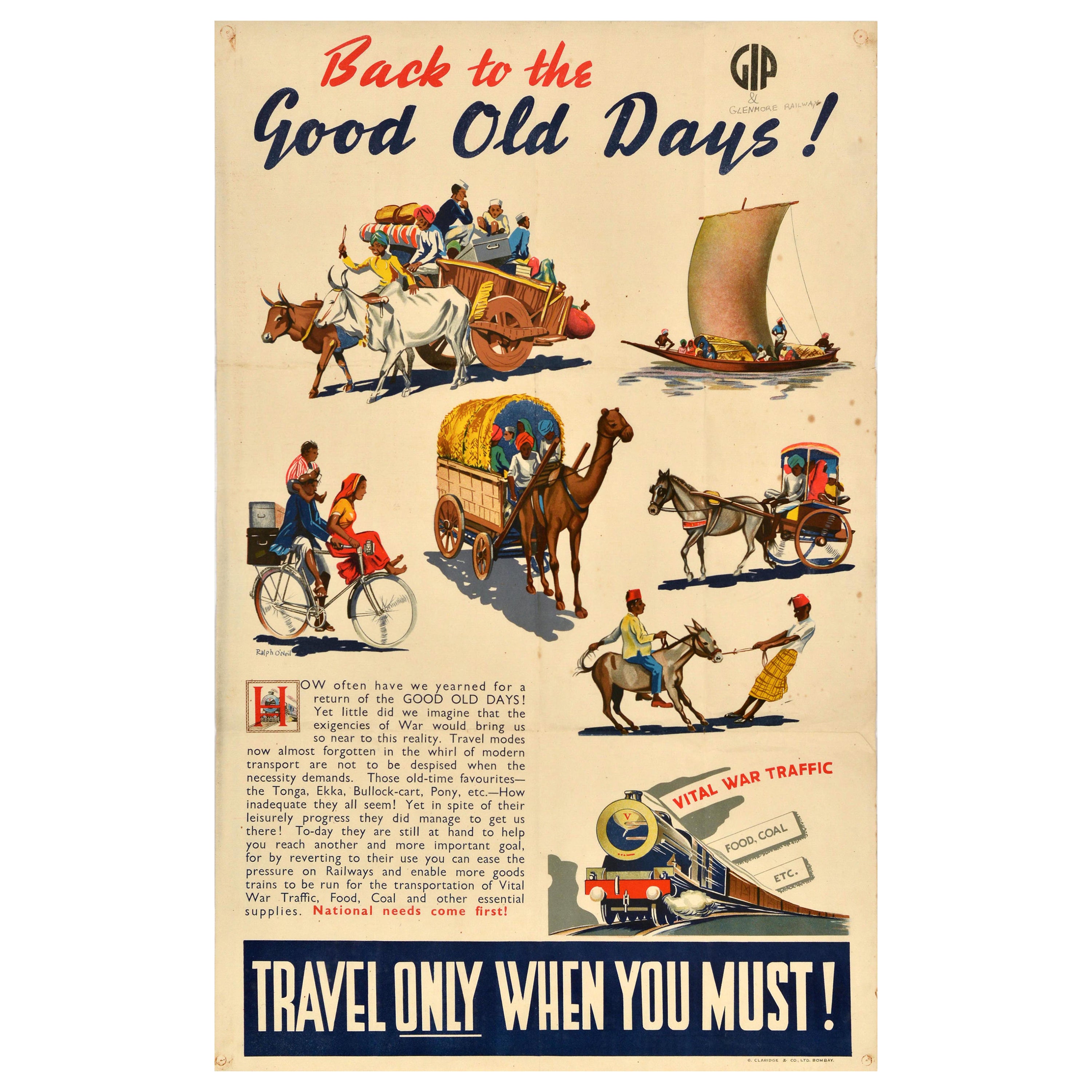 Original Vintage WWII Travel Poster Good Old Days Great Indian Peninsula Railway For Sale