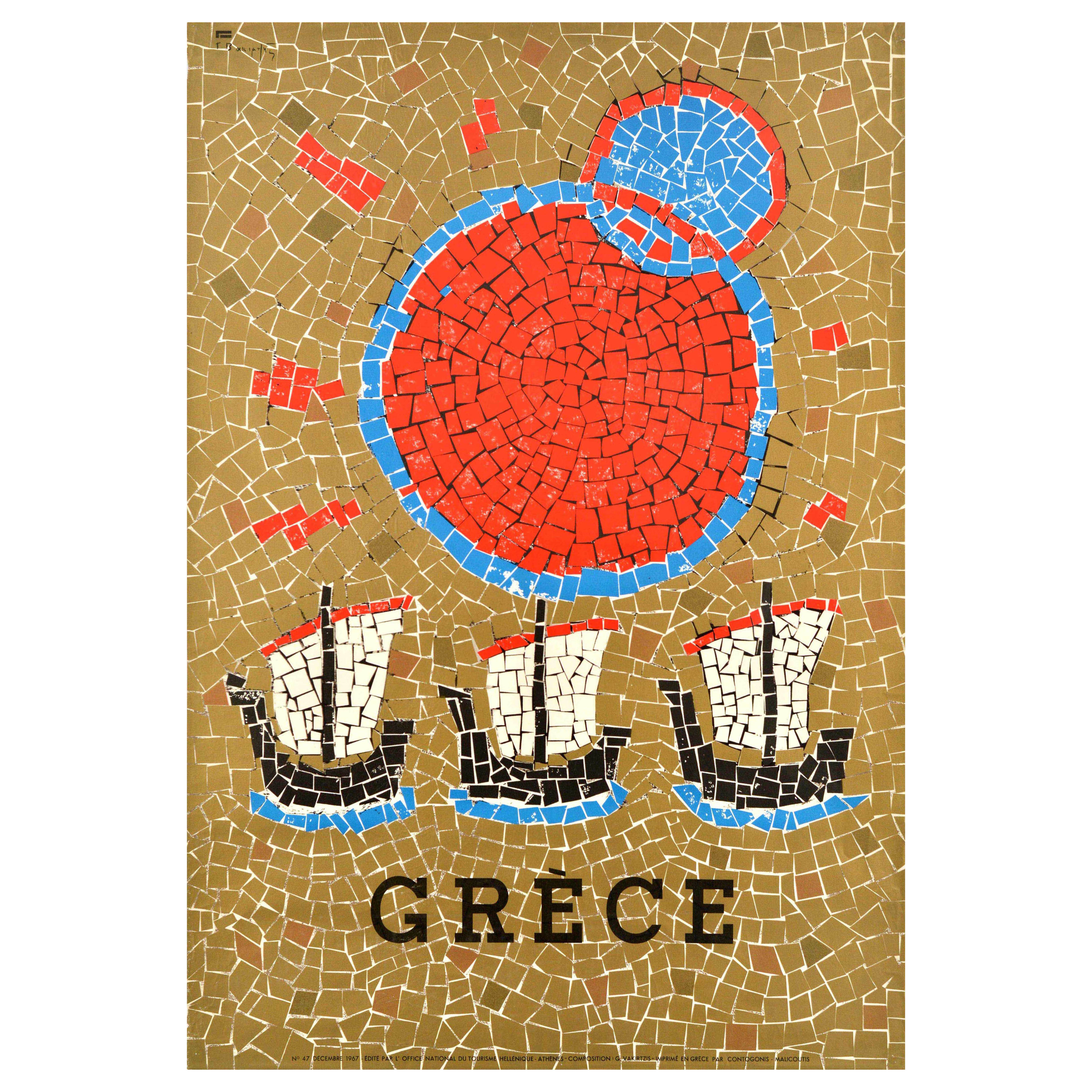 Original Vintage Travel Poster Greece Sail Boats Yachts Mosaic Hellenic Republic For Sale