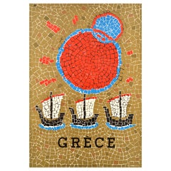Affiche rétro originale de voyage Grèce, voiliers, yachts et mosaïque de la République grecque