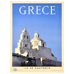 Original Vintage Travel Poster Santorini Greece Aegean Sea Dormition Church Fira