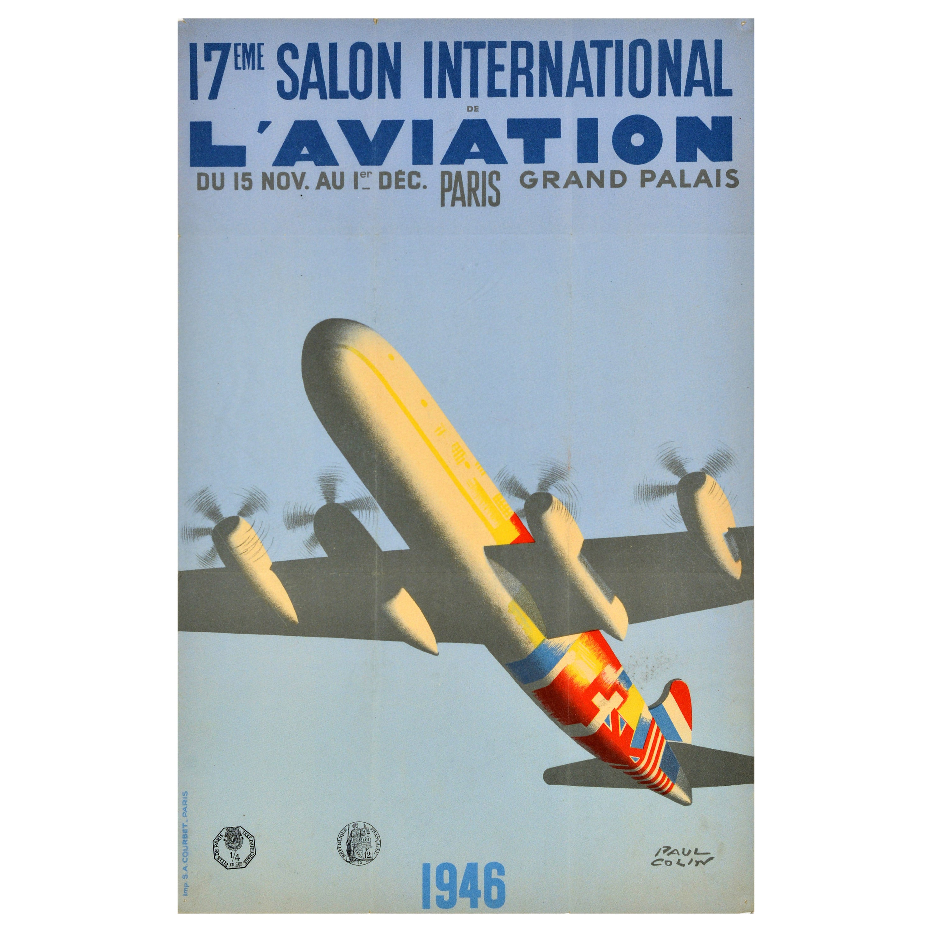 Affiche vintage d'après-guerre 17 Salon International Aviation Paul Colin WWII en vente