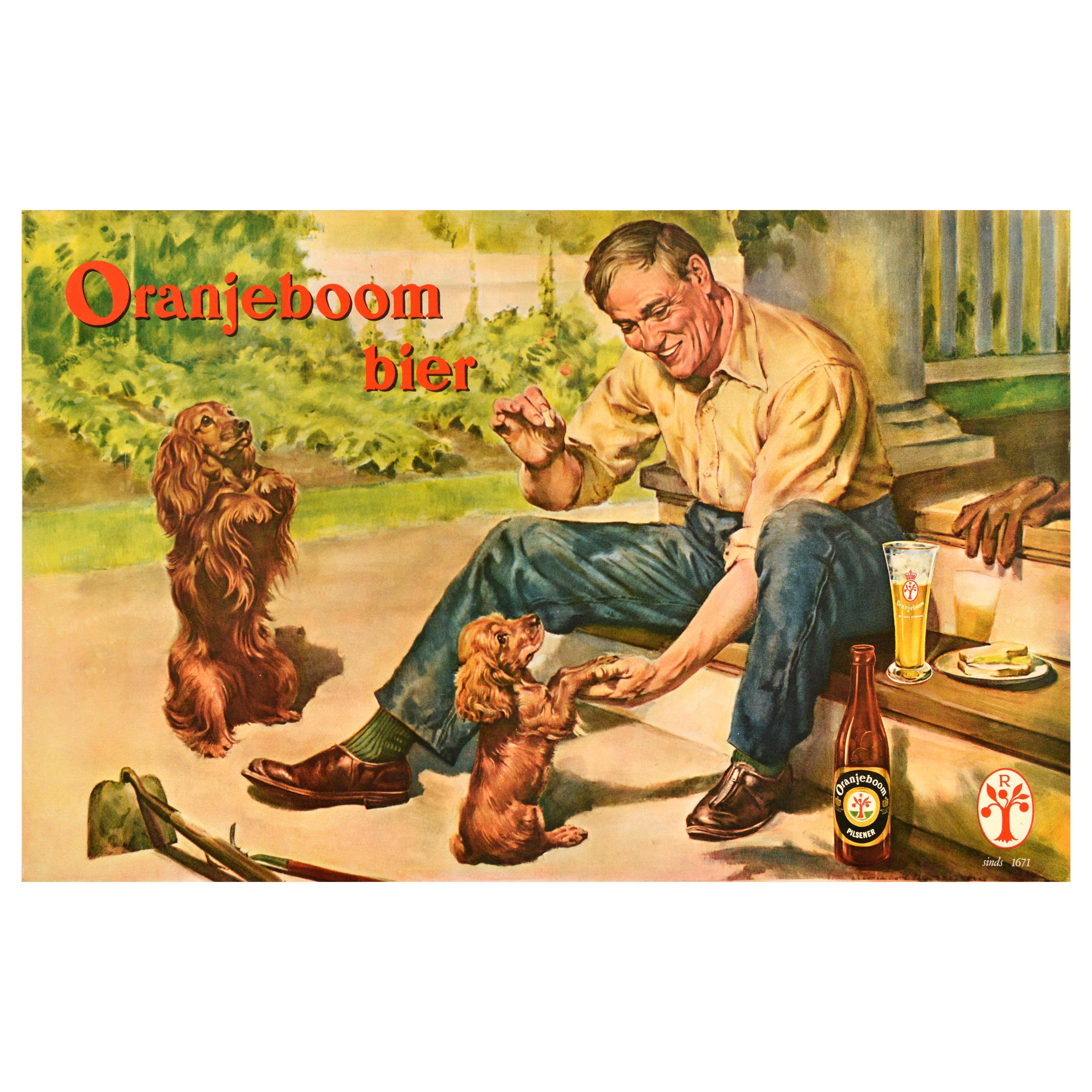Affiche publicitaire originale vintage pour la bière Pilsener et son Lager Puppy Oranjeboom en vente
