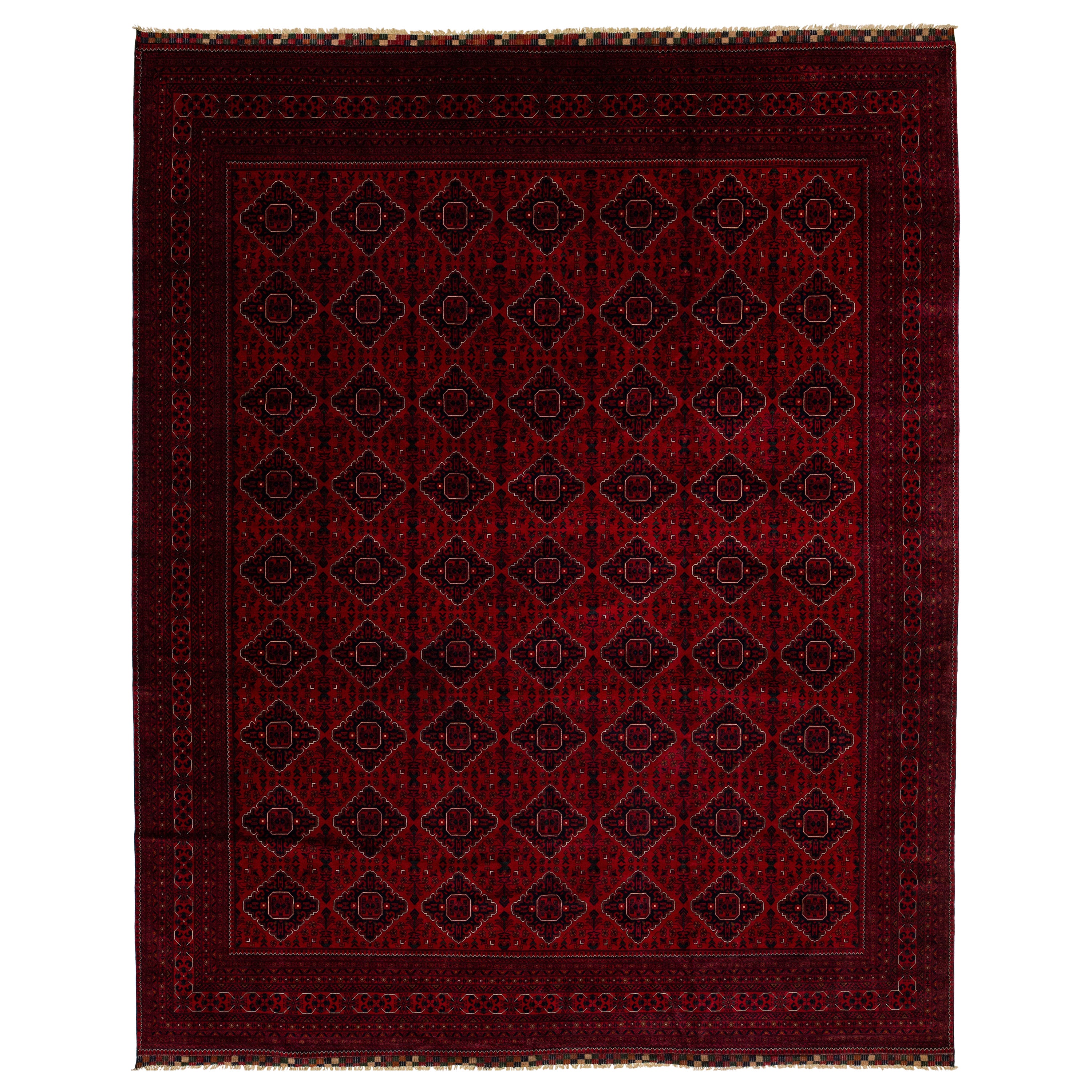 Oversize Red Vintage Bokhara Wool Rug With Geometric Pattern