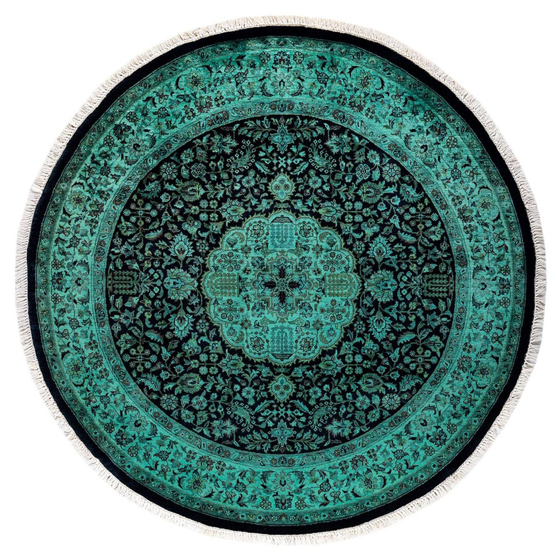 Contemporary Overdyed Hand Knotted Wool Green Round Area Rug For Sale