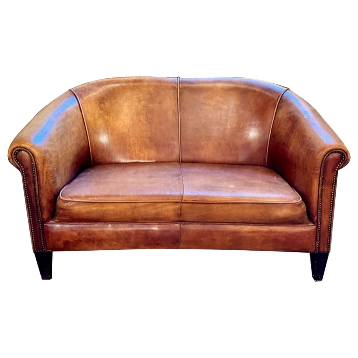 Vintage French Leather Club Settee For Sale