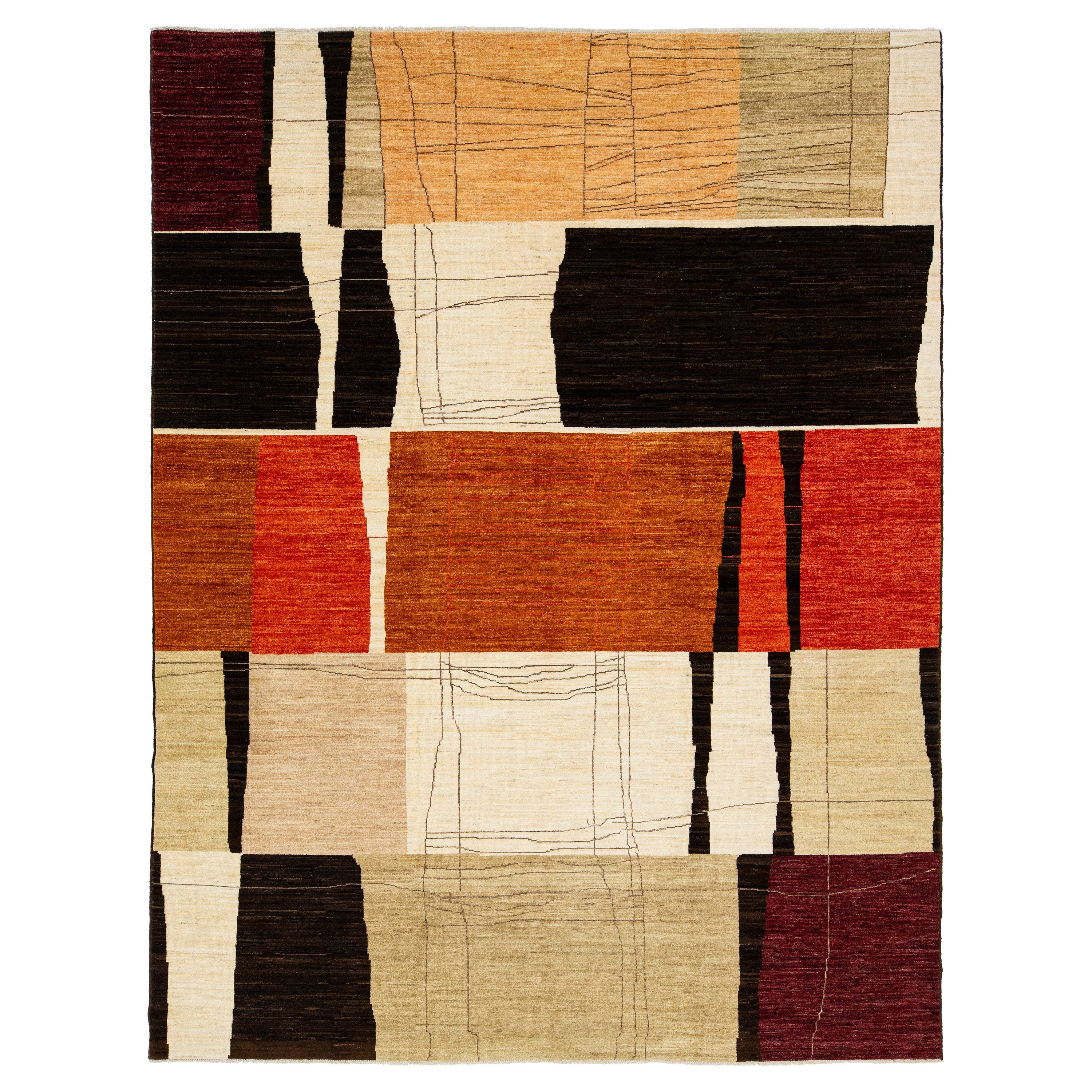 Handmade Modern Texture Wool Rug With Abstract Motif In Autumn Colors  For Sale