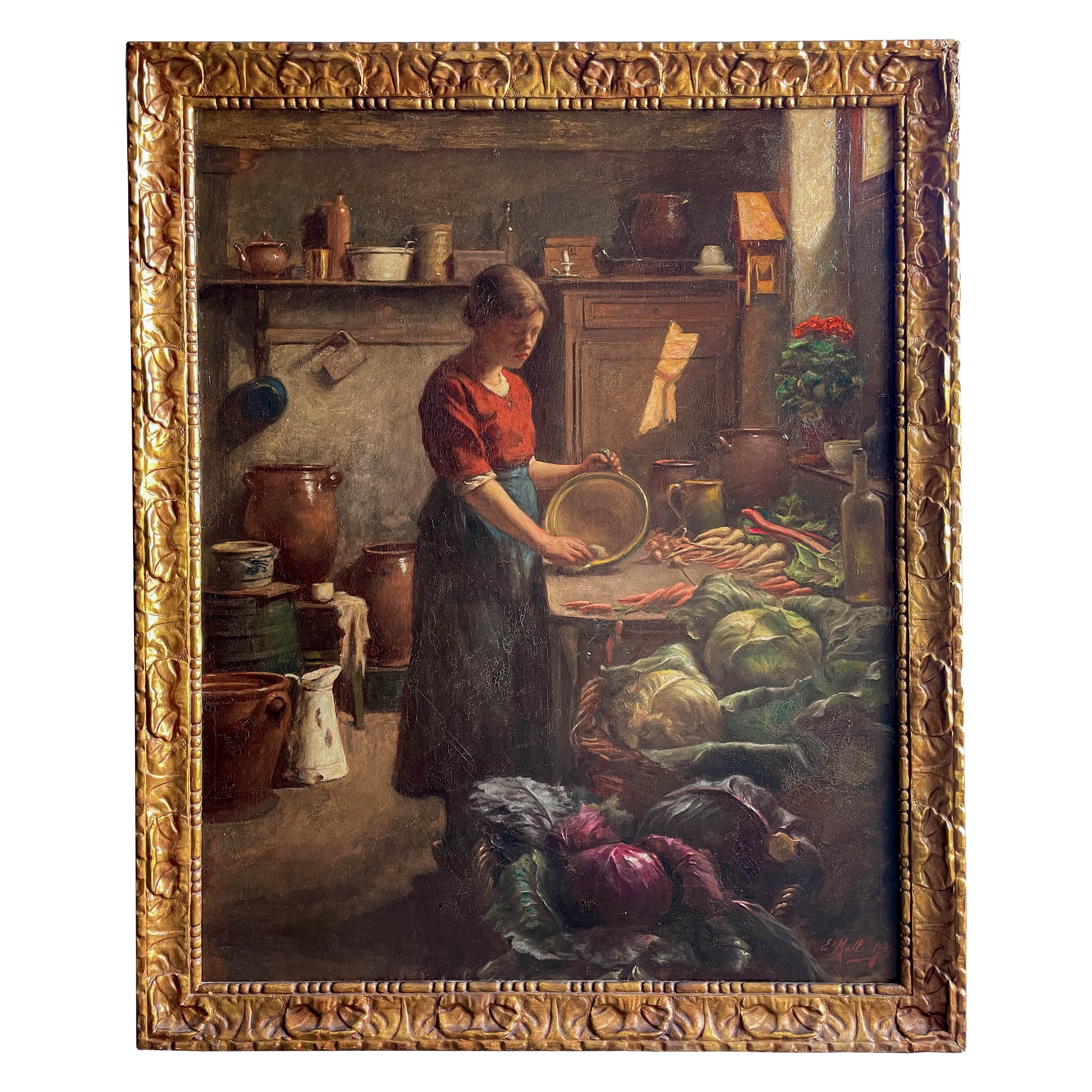 19th Century Dutch Genre Painting of a Kitchen Maid For Sale