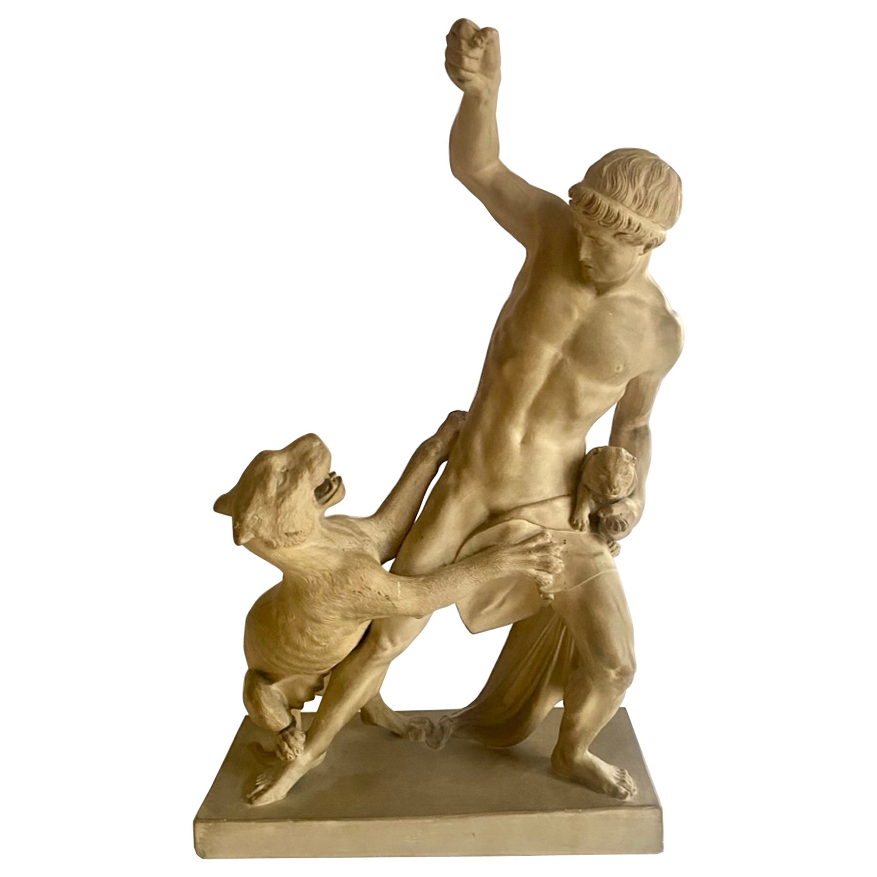 20th Century Classic Terracotta Sculpture Young Man Fighting with Lion 