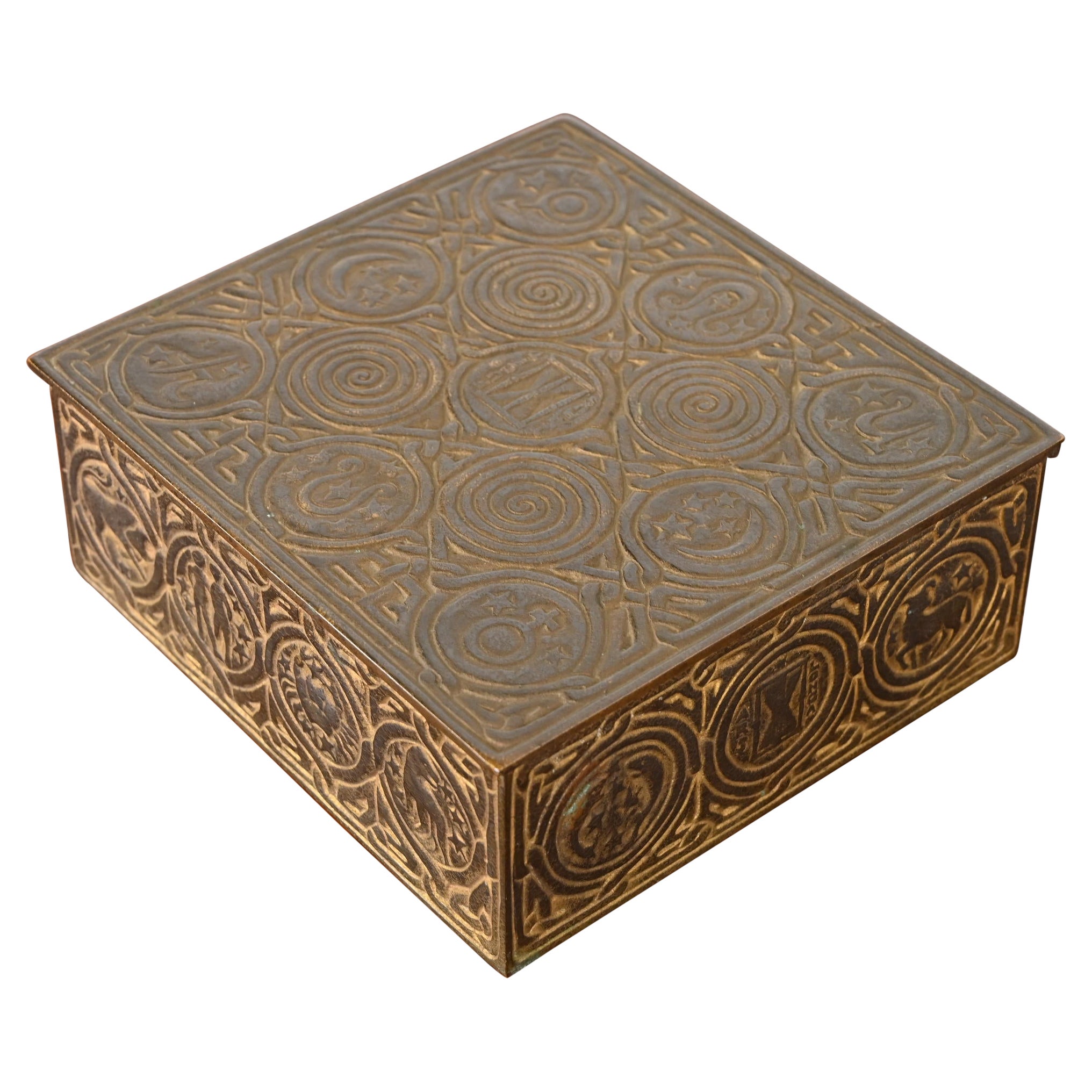 Tiffany Studios New York Zodiac Bronze Doré Cigar Box, Circa 1910 For Sale