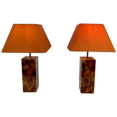 Pair of Lucite Lamps Imitating Tortoise Shell. French work. Circa 1970