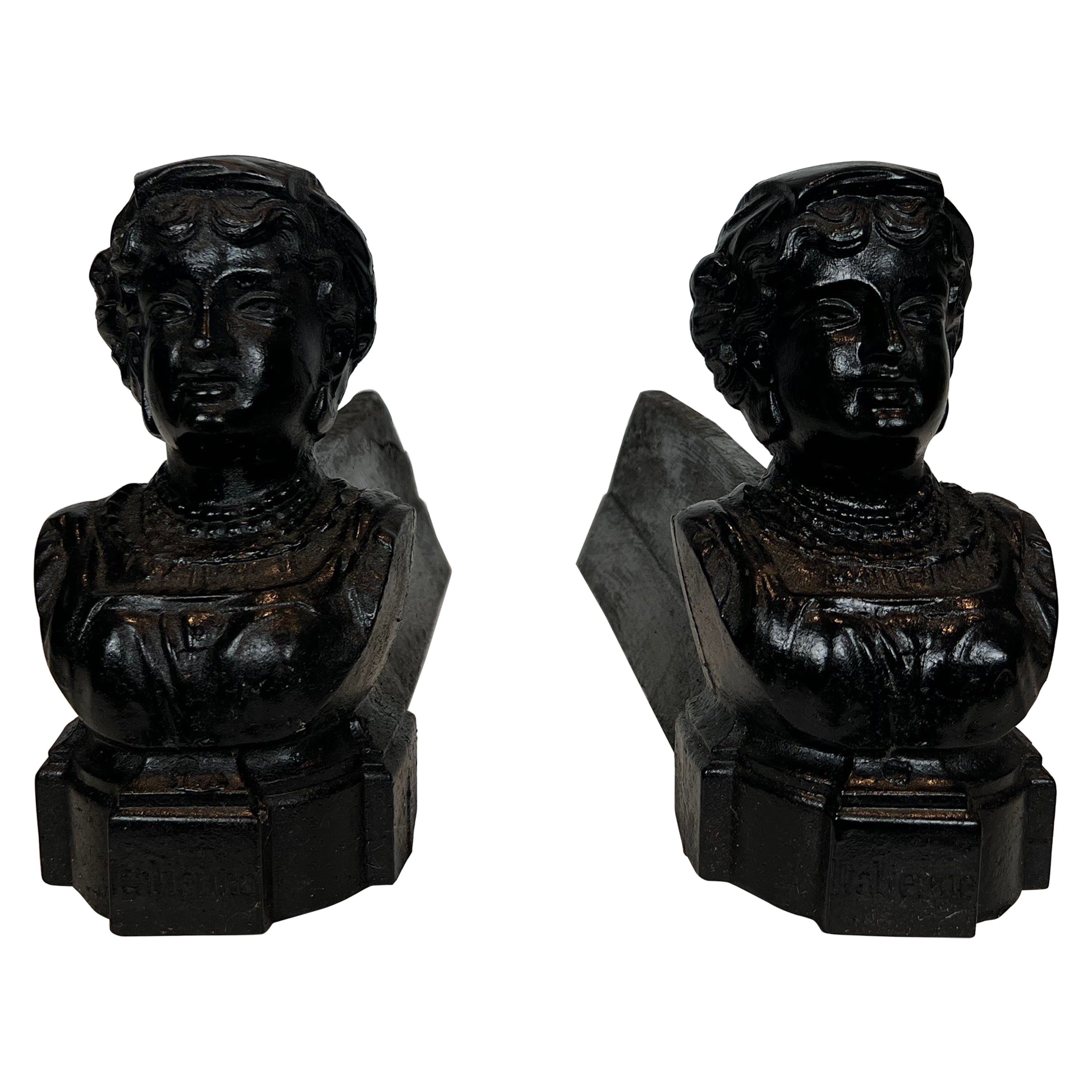 Pair of Cast Iron Andirons representing an Italian Woman For Sale