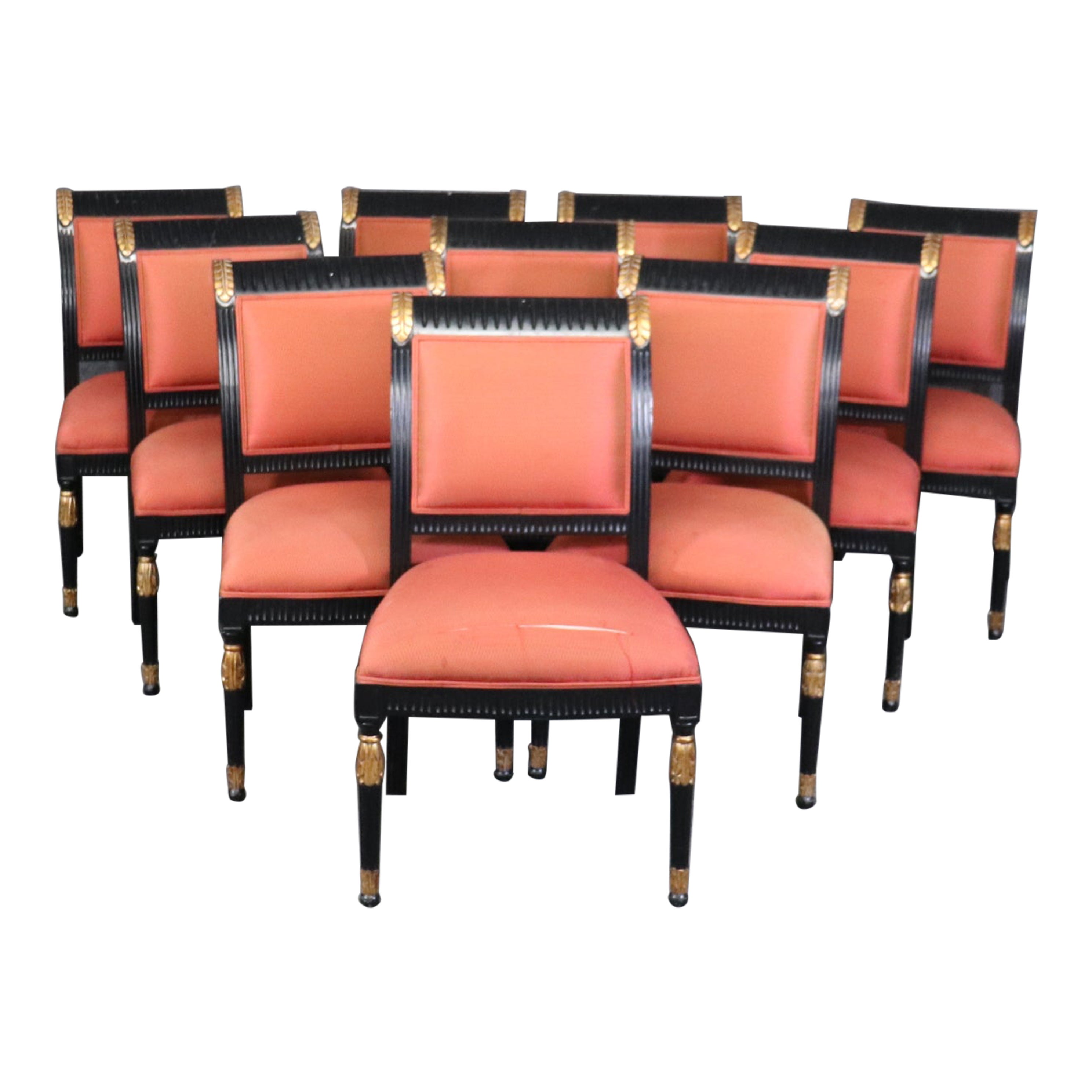 Set of 10 Ebonized Lacquered and Gilded French Directoire Dining Chairs  For Sale