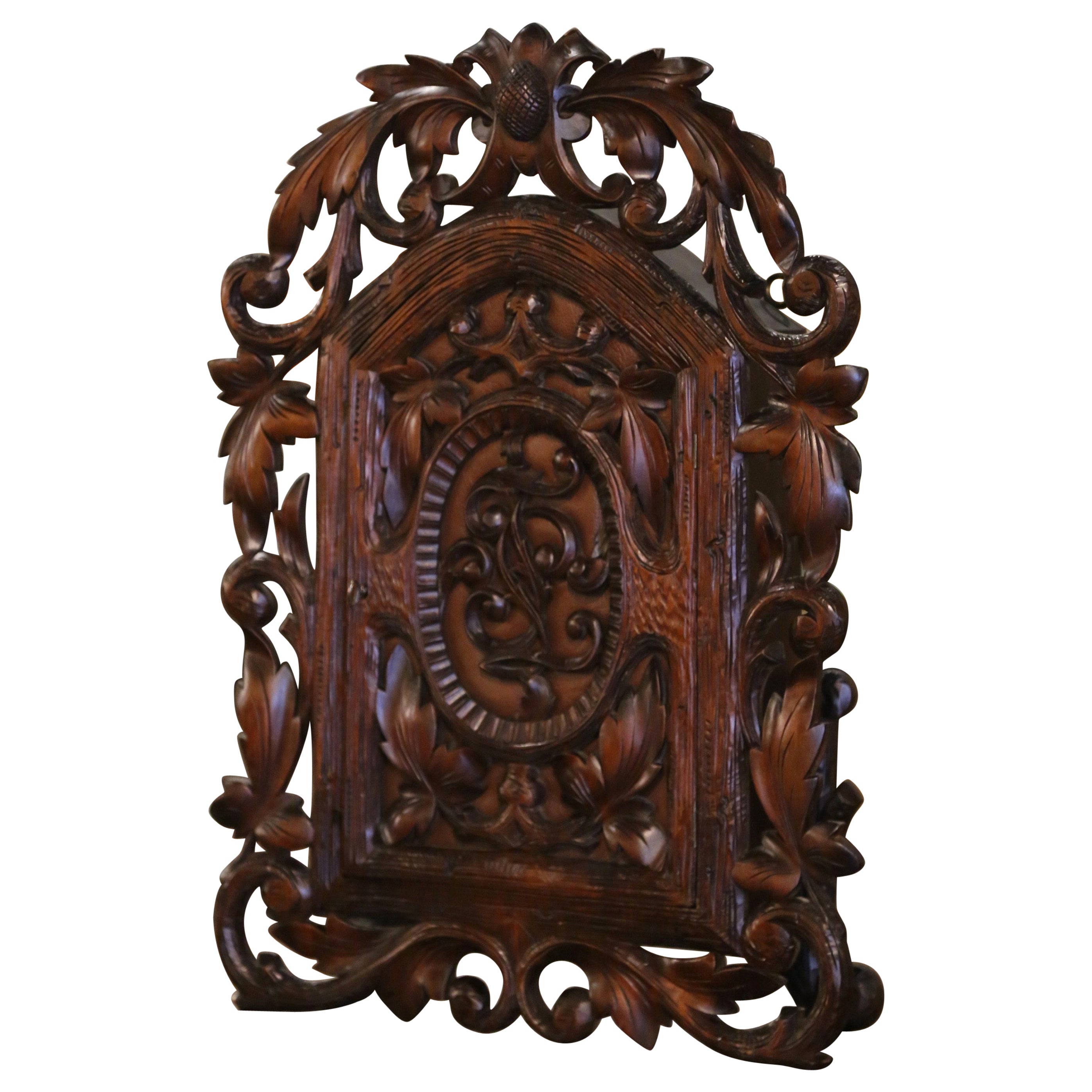 19th Century Black Forest Carved Walnut and Leather Wall Vitrine Cabinet  For Sale