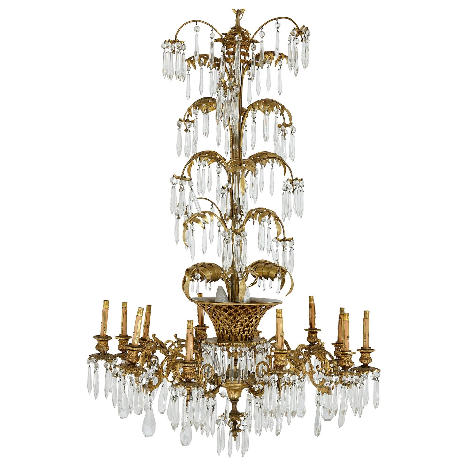 Antique French Clear Cut Glass and Ormolu Twelve-Light Chandelier For Sale