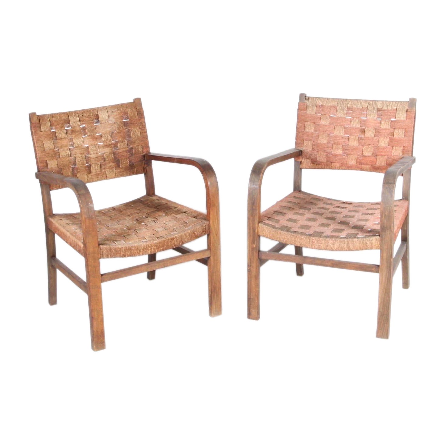 Pair of rope and beech wood armchairs circa 1960 For Sale