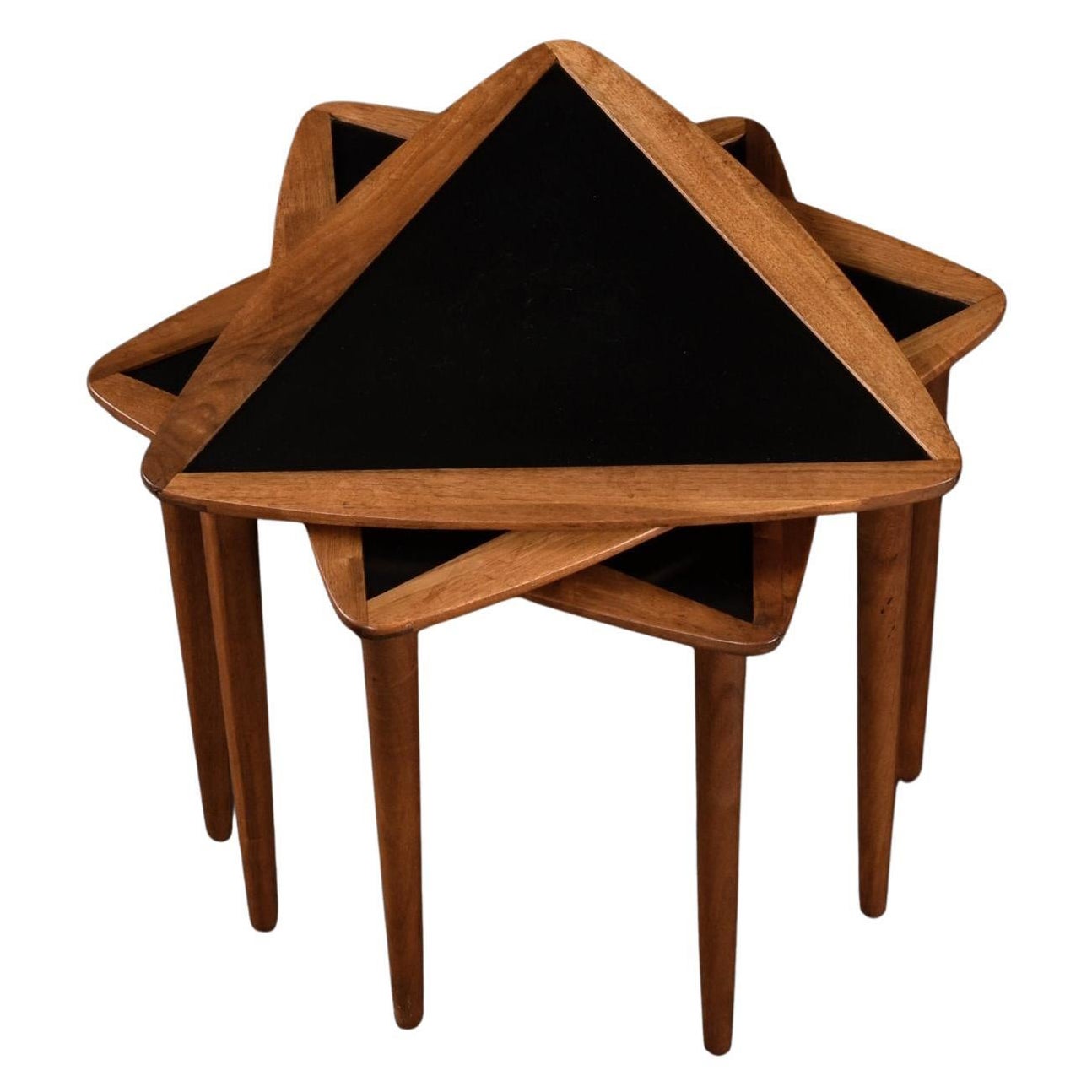 Set of 3 Black and Walnut Arthur Umanoff Guitar Pick Triangular Nesting Tables For Sale