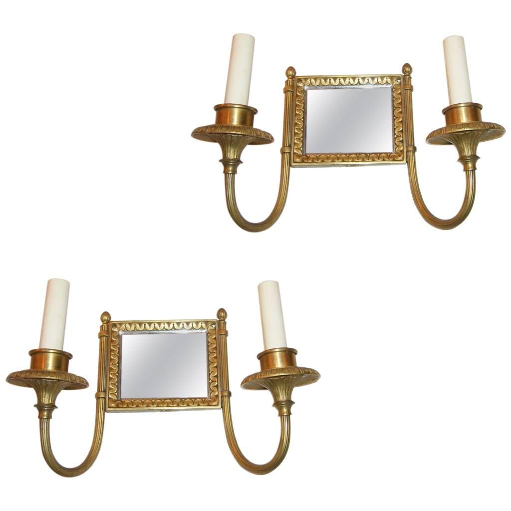 Square Gilt Metal Sconces with Mirror Back  For Sale
