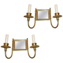 Antique Square Gilt Metal Sconces with Mirror Back 