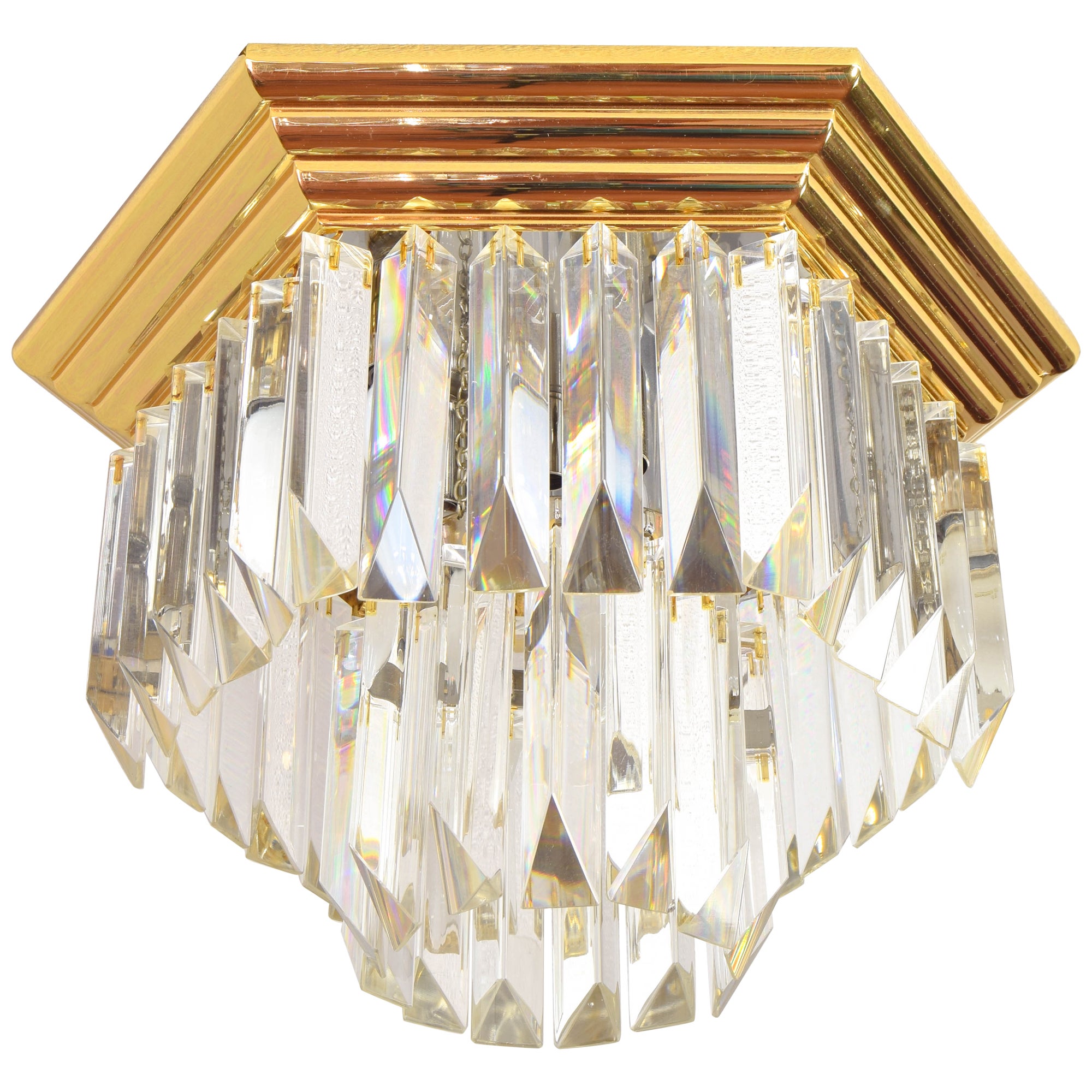 Triedri Murano Glass and Brass Flush Mount Chandelier in the style of Venini For Sale